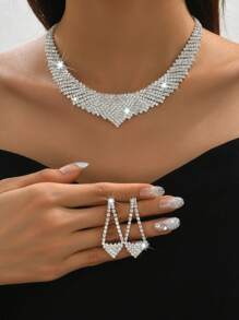 1 Set Including 1 Fully Rhinestone Necklace, 1 Pair Of Fully Rhinestone Tassel Earrings, 1 Hollow Fully Rhinestone Bracelet, Suitable For Evening Dresses And Versatile Accessories - Silver - View 16