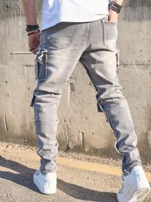 Quần Jeans Nam Phong Cách Mới Thời Trang Âu Mỹ Hiphop Cargo Co Giãn Ôm Vừa Nhiều Túi Thường Ngày - Xám - Xem 2