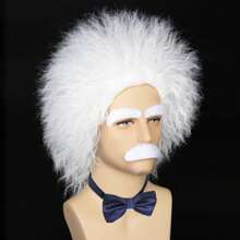 Crazy Scientist Wig, Men's Short White Crazy Wig With Beard And Eyebrows, Men's Halloween Costume Wig - White - View 3