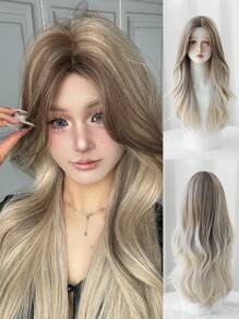 Gradient Long Curly Grey Mixed Brown Wig For Women Soft Loose Wave Wig With Curtain Bangs Fluffy Natural Synthetic Heat Resistant Fiber For Charming Girls Daily Party Use 26 Inch