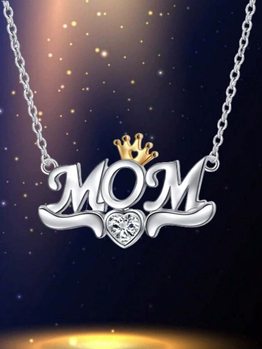 1pc Versatile Heart-Shaped Rhinestone Crown & Letter Pendant Necklace, Suitable For Men And Women, Elegant Gift - Multicolor - View 1