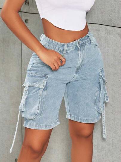 Street Vintage Flap Pocket Tape Detail Cat Whiskered Distressed Raw Hem Work Cargo Denim Bermuda Jeans Denim Shorts Jorts