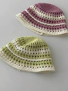 1pc Women's Breathable Bucket Hat, Hollow Striped Sun Protection Hat For Spring/Summer, Suitable For Outdoor Activities, Leisure, And Fashion - Multicolor - View 3