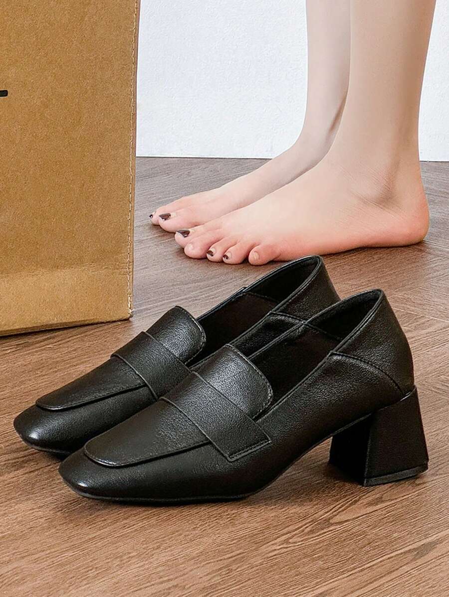 Women's Retro Simple Chunky Heel Flat Shoes, Comfortable Loafers 2025 New Black High Heels - Black - View 1