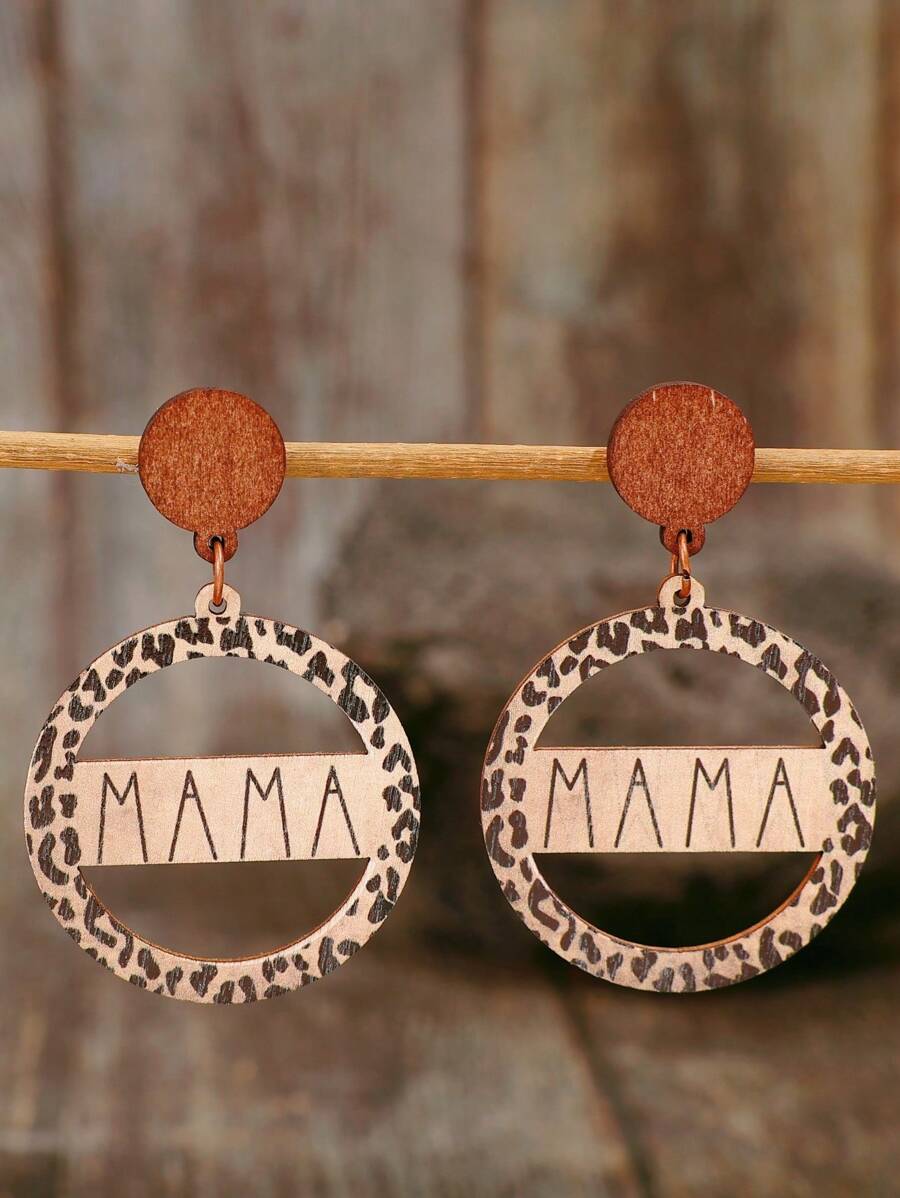 1 对复古奶牛印花耳环，创意镂空圆形 MAMA 豹纹木质耳环，母亲节礼物