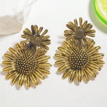 1 件女士金色菊花双层金属耳环，简约田园风格，适合夏季日常佩戴