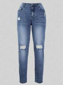 优雅高腰紧身牛仔裤，长款，中度弹力，纽扣式，无袖，适合所有季节，周末休闲，女装 - 藍色 - 查看 6