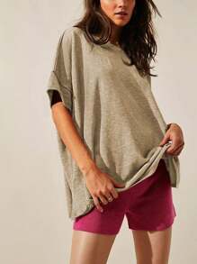 Women's Oversized T Shirt Loose Fit Crew Neck Short Sleeve Side Slit Summer Blouse Top - 卡其色 - 查看 4