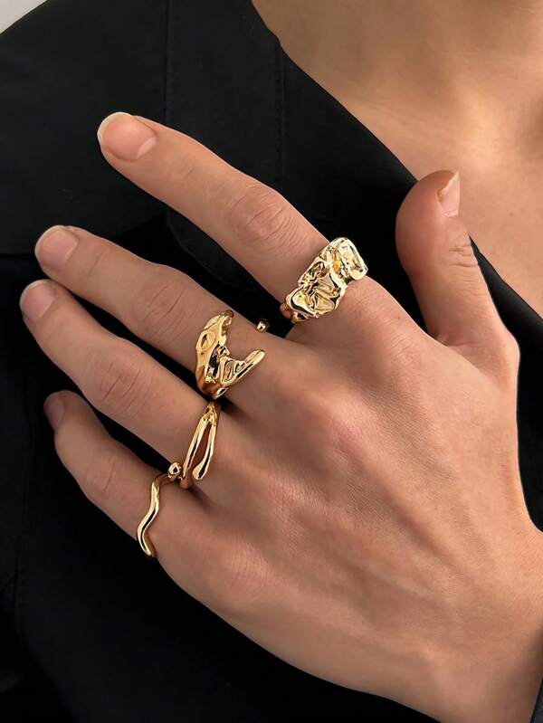 4pcs/Set Men's Crinkle Metallic Hip Hop Style Rings