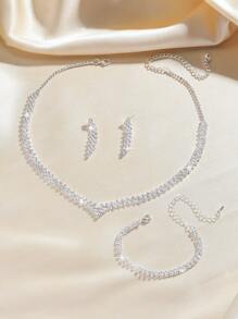 4 pièces Set de bijoux comprenant collier, boucles d'oreilles et bracelet géométrique avec strass. Un ensemble de bijoux polyvalent et élégant pour femmes, convient pour le trajet quotidien, les sorties sur le campus, les mariages, les fêtes, la Saint-Valentin et les vacances