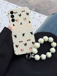 1pc White TPU Layered Cartoon Cat Meme Pattern Drop-Proof Phone Case And 1pc White Furry Pom-Pom Phone Lanyard Strap, Compatible With IPhone/Android///OPPO Phones, Including IPhone 16 Pro Max, A14, A54, A52, A31 4G, A23, Redmi Note 8 Pro, Note 11 Pro 4G, Note 12 4G, OPPO A54