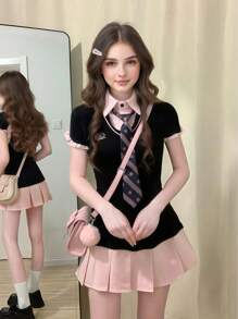 1pc Retro School Style Cosplay Outfit, Contrast Color 2 In 1 Long Sleeve Dress + Tie Student Uniform Set, Suitable For Graduation Photos, Bar/Club Parties, Dates, Valentine's Day - Black - View 6