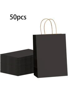 Paper Gift Bags, Black Paper Bags With Handles, Bulk, Kraft Paper Bags For Birthday, Wedding, Party, Shopping Paper Bags - 黑色 - 查看 1