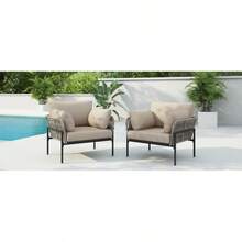 [Set Of 2] 36" Beige Iron Lounge Chair With Rope Weave Design And Plush Cushions Perfect For Indoor And Outdoor Relaxation
