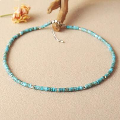 قلادة معدنية بحجر أزرق طبيعي فضاء بطراز رجعي، حجر أزرق طبيعي أنيق بنمط بوهيمي كهدية للسيدات