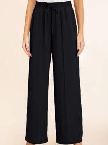 Pantalones dama con resorte para mujer con bolsillos laterales inclinados, líneas de costura visibles - Negro - Ver 7