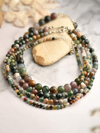 Collar de cuentas de piedras naturales estilo bohemio, collar gargantilla de ágata verde vintage, collar multicapa de combinación libre
