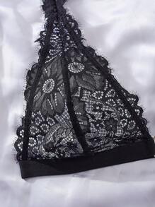 2pcs/Set Romantic Lace Deep V-Neck Halter Top And Wireless Deep V-Neck Bra Set, Featuring Semi-Sheer Nylon & Elastic Fiber, Hand Wash - No Padding - Black - View 5