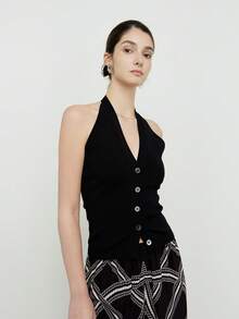 Top sin mangas con cierre de botones de alta gama, tipo halter y espalda descubierta, estilo coreano - Negro - Ver 5