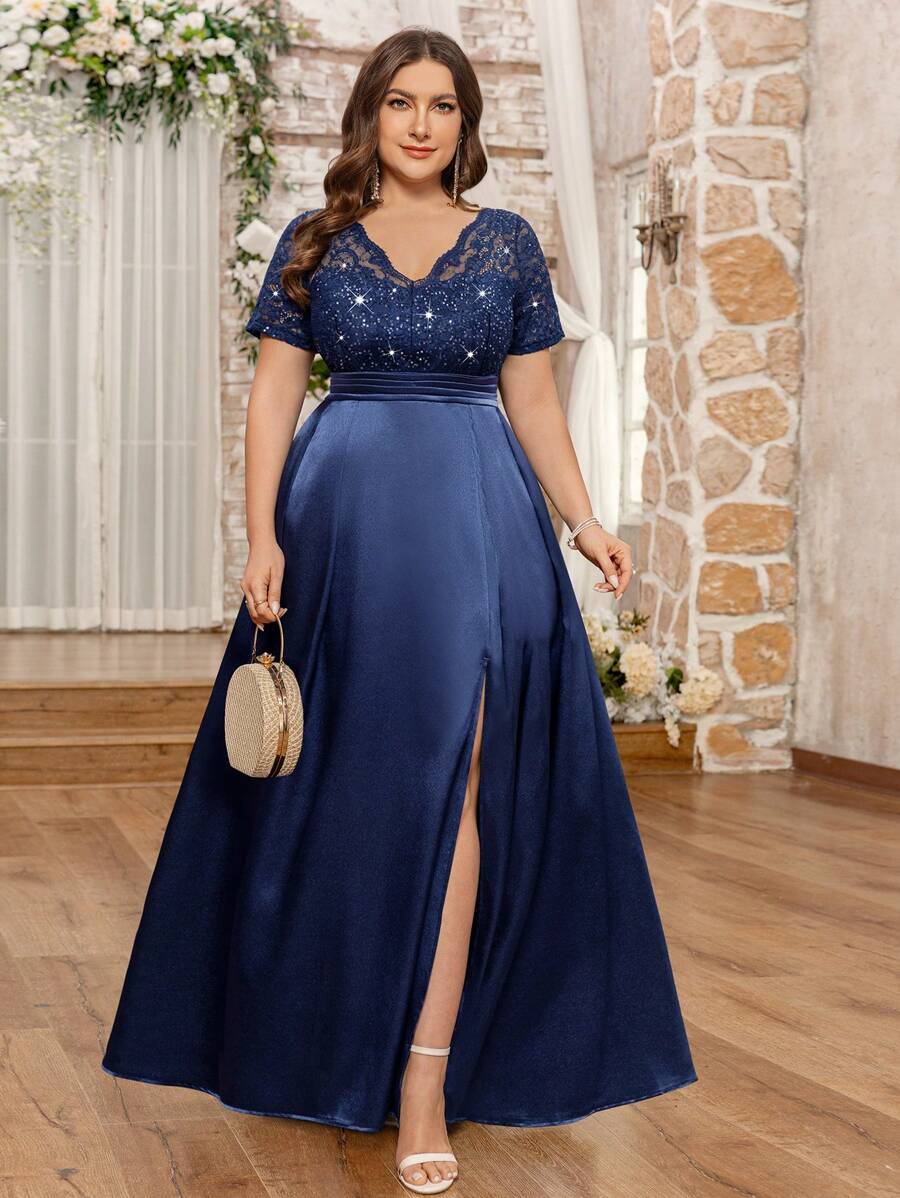 Plus V-Neck Sequin Lace Contrast Satin Split Thigh Elegant Prom Formal Evening Party Dress, Wedding Guest Gown, For Festivals, Graduation, Dinner, Homecoming - Navy Blue - View 1