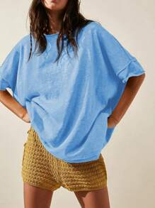 Women's Oversized T Shirt Loose Fit Crew Neck Short Sleeve Side Slit Summer Blouse Top - Màu xanh lam - Xem 2