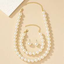4pcs/Set Korean Ins Style Faux Pearl Earrings, Bracelet, Necklace Jewelry Set, Vintage Minimalist Clavicle Chain For Women