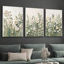 3pcs/Set No Frame Canvas Prints, Green Leaves And Flowers Decorative Painting, Light Green Flower Decoration, 3D Artistic Flower Prints, Indoor Home Wall Decoration Art Gifts Birthday Graduation