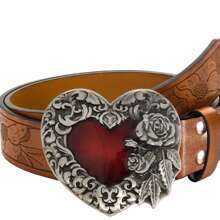 1pc Men/Women Retro Rose & Heart Engraved Buckle Leather Belt, Personalized Casual Waist Belt Suitable For Jeans, Ideal For Teen, Summer, Casual, Outdoor, Athletic, Vacation, Travel, Graduation, Birthday, Daily Wear