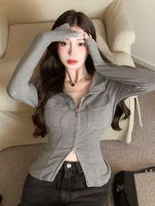 Áo thun tay dài dáng ôm có khóa kéo trơn màu, giản dị và tối giản - Xám - Xem 4