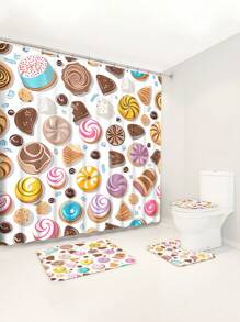4 pièces Ensemble de rideaux de douche et accessoires de salle de bain avec tapis antidérapants, couvercle de toilette et tapis de bain. Imperméable, séchage rapide, résistant aux moisissures. Décoration de salle de bain avec 12 crochets. Thème chocolat, bonbon, citrouille d'Halloween, cœurs, navette spatiale, coucher de soleil, plage, palmiers pour la maison, l'hôtel, le dortoir