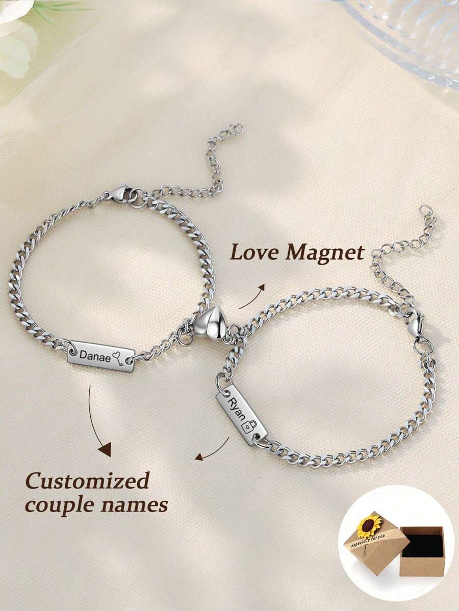 2pcs/Set Minimalist Magnetic Heart-Shaped Couples Bracelet Set, Couples Matching Bracelets, Christmas Gift For Couples/Boyfriend/Friends/Father, Customizable Christmas Gift, Silver, Fashionable, Colorful, Retro, Minimalist, Unisex, Casual, Cute, Customized, Unique, Ideal Gift For Him, Ideal Gift For Her, Boyfriend, Girlfriend, Dad, Mom, Family, Friends, Anniversary, Birthday, Graduation, Prom, Party, Stainless Steel Jewelry - Silver - View 1