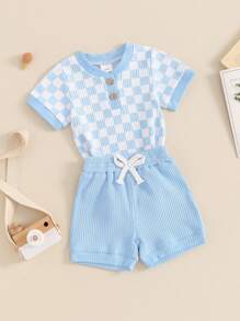 Conjunto de 2 piezas de ropa de verano para bebés, con botones de cuadros, mameluco de manga corta y pantalones cortos - Azul cielo - Ver 5