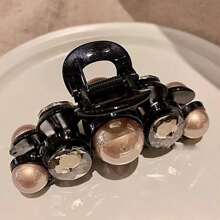 1pc New Pearl Crystal Rhinestone Hair Claw, Oversized Shiny Hair Claw Clips - Black - View 5