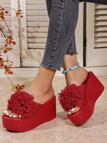 Women's Rivet Strap Transparent Fashion High Waterproof Platform Wedge Sandals - Red - View 4