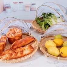 1 件装竹篮带网罩，通风防蝇防虫编织野餐食物储存篮