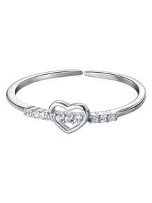 1pc Fashionable 925 Sterling Silver Heart Cubic Zirconia Adjustable Open Ring, Jewelry Gift For Mother's Day