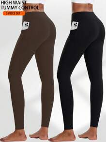 2 stuks V-taille getailleerde taille yogabroek met zijzakken, hoge taille compressietights leggings voor vrouwen, vochtafvoerend, geschikt voor hardlopen, workout, pilates, casual wear