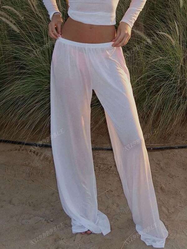 Calça Pantalona Transparente Flare para Mulheres, Cobre-Maiô Bikini de Praia de Verão, Cintura Elástica, Perna Larga, Calça Palazzo