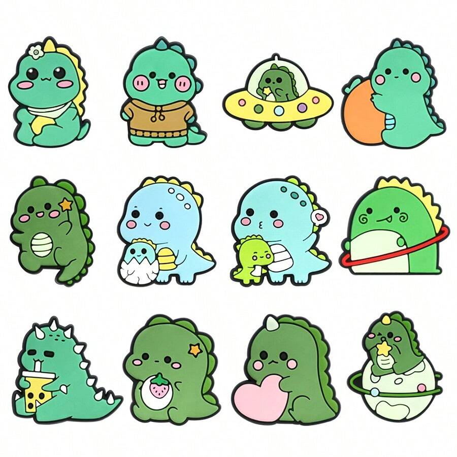 12 件卡通恐龙鞋饰可爱婴儿恐龙龙系列鞋饰适用于木屐、凉鞋和沙滩包 DIY 配饰适合男孩和女孩 - 綠色 - 查看 1