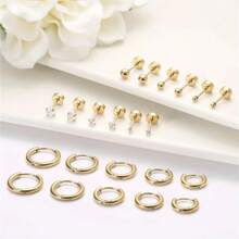 11pcs Gold Tone Ring & Earring Set - Multi-Hole Small Earrings, Surgical Steel Flat Back Earrings, Wood Stud Earrings, Unisex Cubic Zirconia Ball Earrings