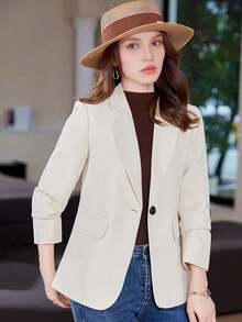 女士绿色后开衩西装外套，优雅女神风，2025 年春秋新品 - 淺杏色 - 查看 3