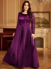 大码女式亮片蕾丝缎面荷叶边优雅舞会礼服，适合舞会、情人节、婚礼宾客、生日、返校节、正式场合、节日等场合的正式礼服 - 紫紅色 - 查看 8