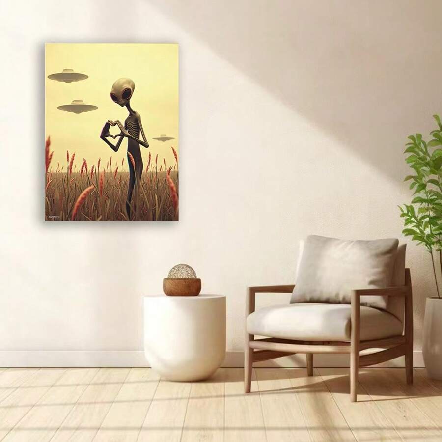 Framed Alien Embrace Heart Gesture    Canvas Art For Home & Office Decor, Perfect For Bedroom, Living Room, Kitchen, And More, Funny, Wall Decor, Hotel & Cafe, Perfect For Room Decor - 框架 - 查看 1