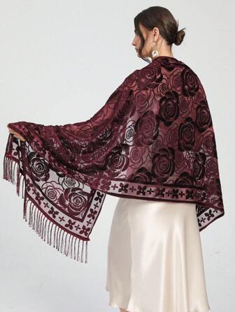 1 件精致刺绣花朵图案方形围巾，带褶边，百搭优雅女式围巾