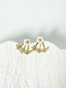 1pair Women's Daisy Flower & Crystal Stud Earrings, Korean Style Sweet & Simple Design, With Back Hanging Detail