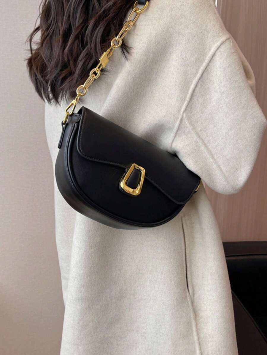 夏季新款法式复古小众马鞍包女时尚精致质感百搭腋下包单肩包通勤购物派对包 - 黑色 - 查看 1