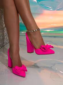 Pointed Toe Hollow Bowknot Back Strap Chunky Heel Pump Shoes - Hot Pink - View 2