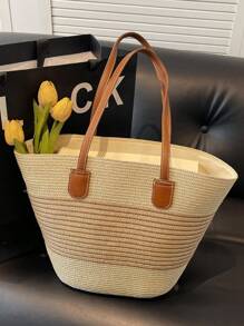 (Custom-Made) 1pc Personalized Embroidered French Countryside Style Rope Woven Handbag, Women's Summer Large Capacity Striped Shoulder Tote Bag, Beach Basket, Suitable For Vacation,Multifunction,Versatile,Large Capacity,Lightweight,School Supplies,Back To School,School Gift,For Office,For School,For Classroom,For Teacher Gifts,For University,For Colleague,For Dorm Rooms,For Teacher,For Boys And Girls,For Teenagers,Junior High School Students,Middle School Students,High School Senior High School Students,College Students,University Students,Freshman,Sophomore,Underclassmen - Multicolor - View 7