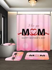 1/4pcs Mother's Day Floral, Heart, Letter Print Waterproof Bathroom Curtain Set With 12 Hooks, Includes Shower Curtain, Toilet Mat, U-Shaped Mat, Modern Bathroom Decor, Washable Polyester, Suitable For Hotel, Apartment, Home