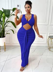 BIUBIU Plus Size Sexy Twist Hollow Out Ruched Bodycon Dress, Summer - View 4